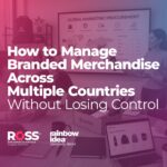 Team in a conference room presenting a global brand-merch strategy with a bold headline about managing branded merchandise across multiple countries during a meeting.