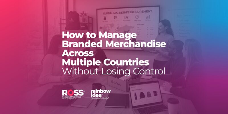 Team in a conference room presenting a global brand-merch strategy with a bold headline about managing branded merchandise across multiple countries during a meeting.