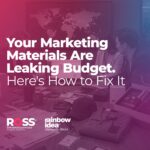 Hero banner with the headline 'Your Marketing Materials Are Leaking Budget. Here’s How to Fix It' over a pink-to-blue gradient and office background (logos at bottom).