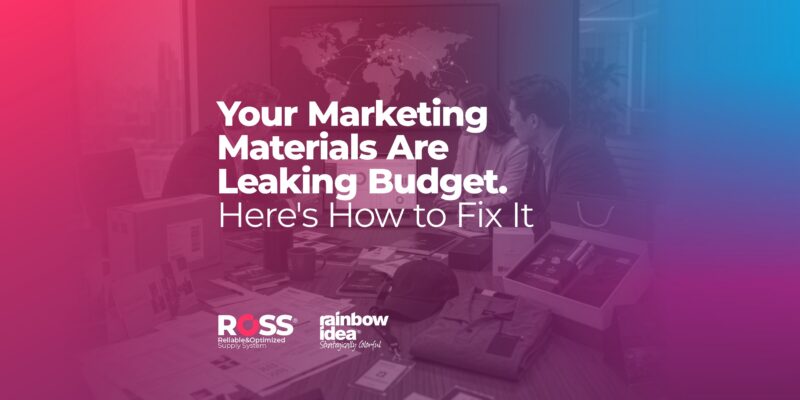 Hero banner with the headline 'Your Marketing Materials Are Leaking Budget. Here’s How to Fix It' over a pink-to-blue gradient and office background (logos at bottom).